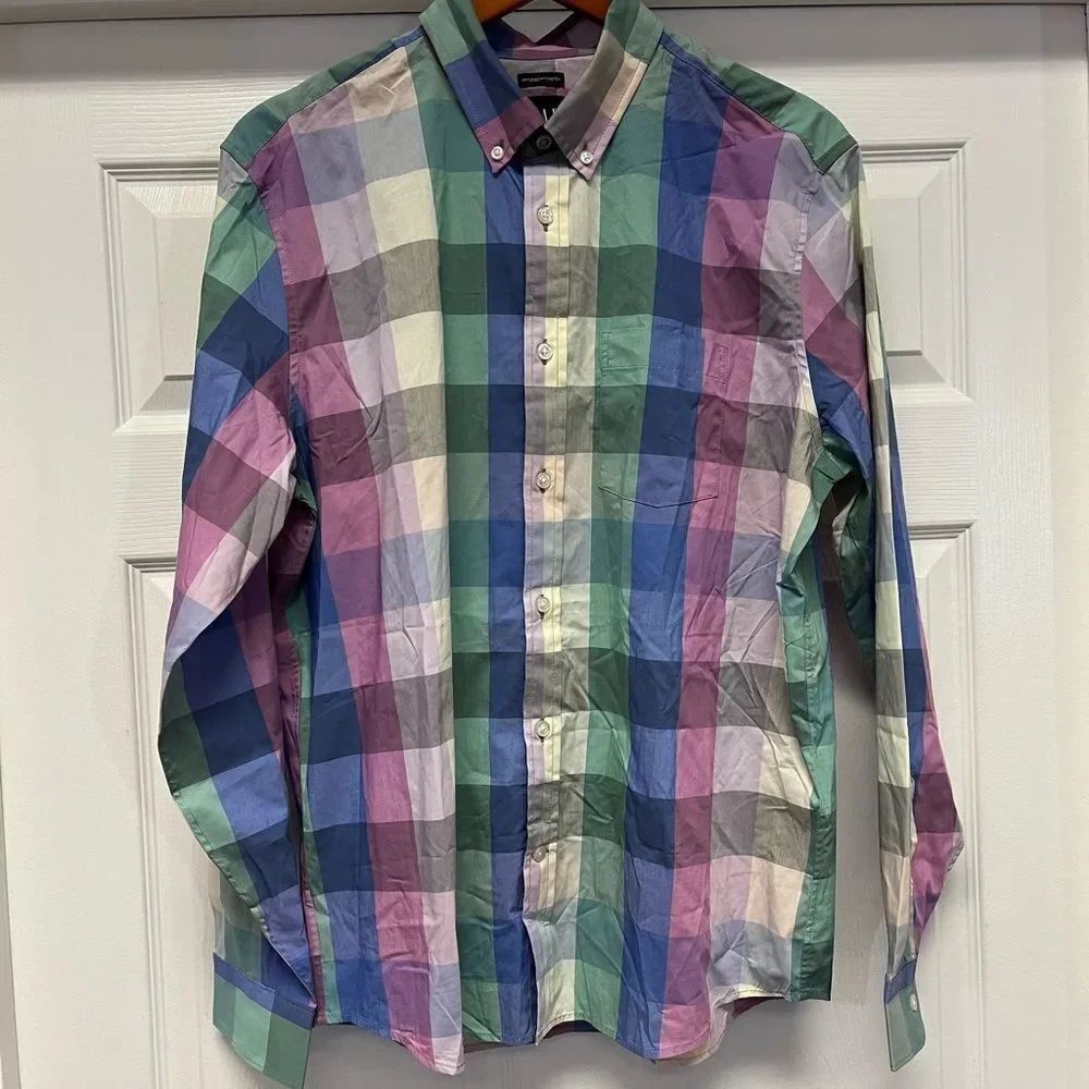 GAP Untucked Fit Stretch Easter Plaid Button Down Shirt sz L NWOT